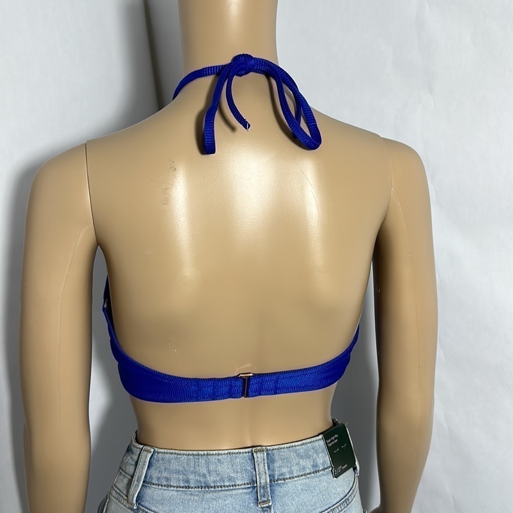 Shade & Shore Women's Bikini Top Blue Lightly Lined Ribbed Halter (8LZR4M) - Picture 3 of 4